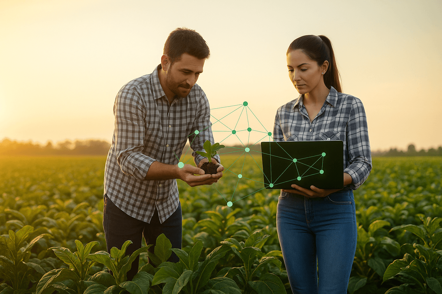 Agricultores usando tecnología en el campo